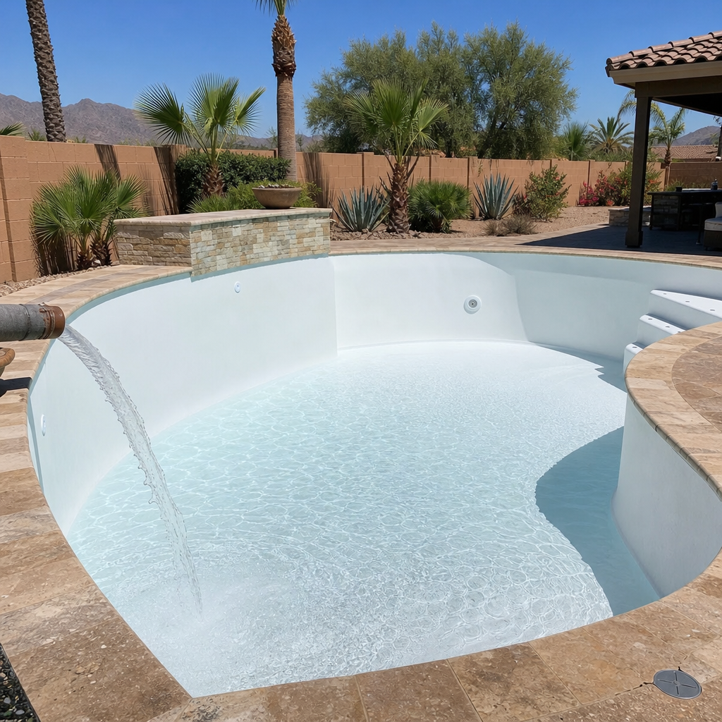 Freshly replastered swimming pool with new white plaster being filled in Peoria, AZ